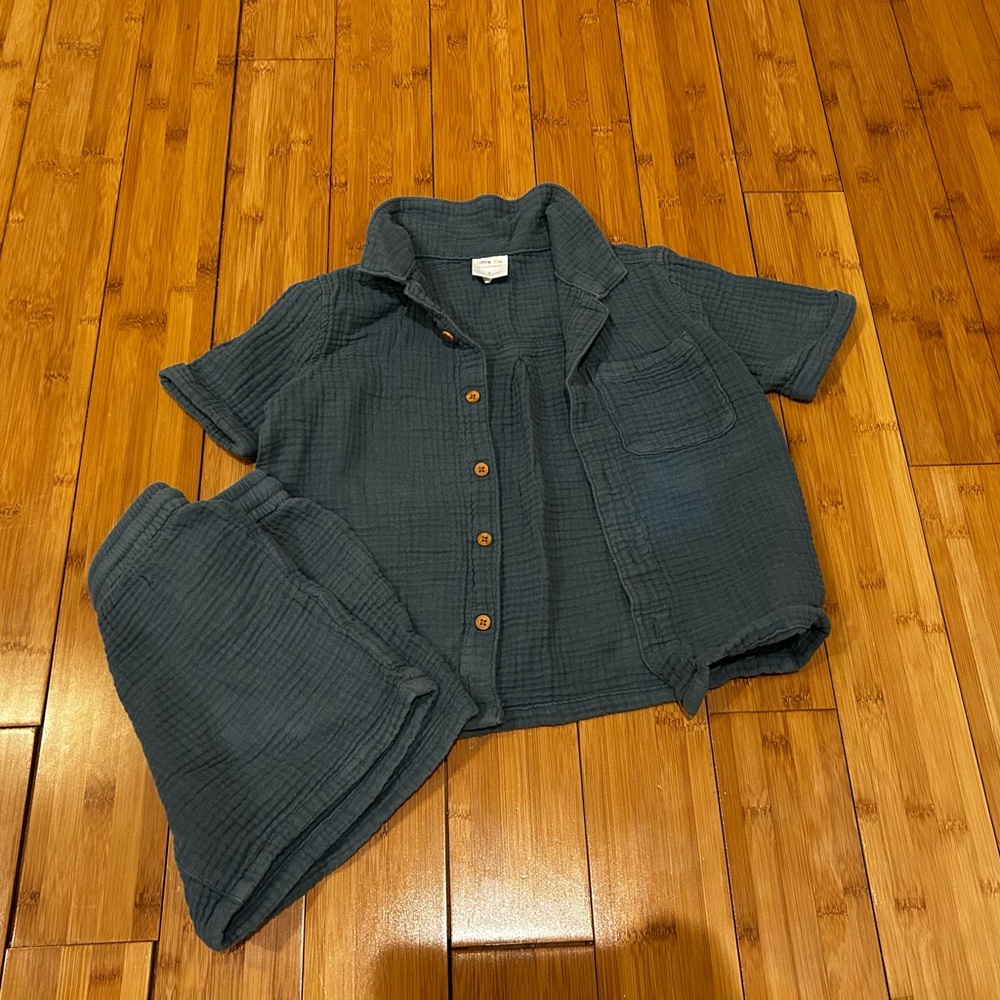 Girls Little Co Blue Button-Up Shirt and Shorts Set